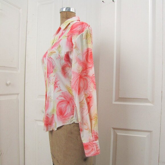 Vintage 70s Lasso Shirt Size 36 Pink Crepe Floral Pearlized Snap Front Western - Picture 6 of 14